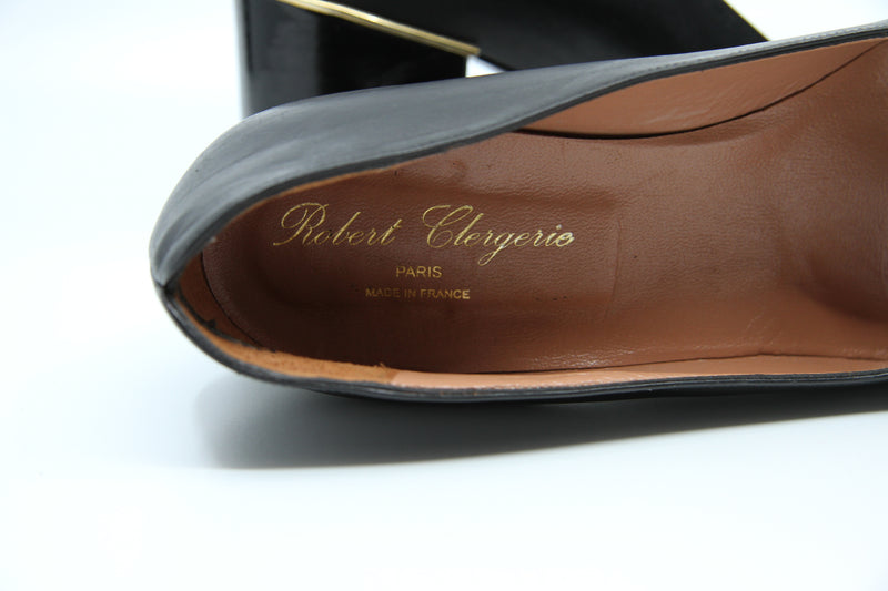 Robert Clergerie Paris / Ballerina Black Block Heels / Gold Trim / Made in France / 39