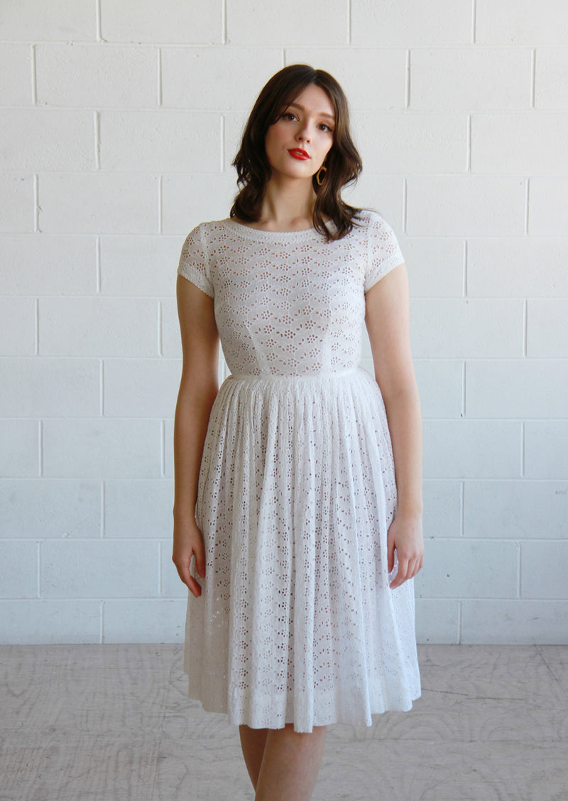Vintage 1950s White Eyelet Dress / The AMY Dress / XS