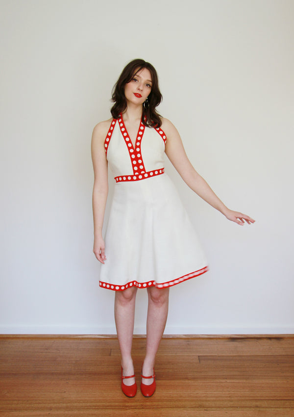 Vintage 1960s Polka Dot Halter Dress / MOD / Small