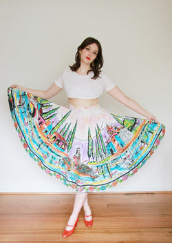Vintage 1950s Mexican Hand Painted Novelty Print Skirt / Large