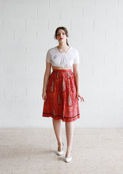 Vintage 1960s Red Paisley Print Cotton Skirt / Small / Medium