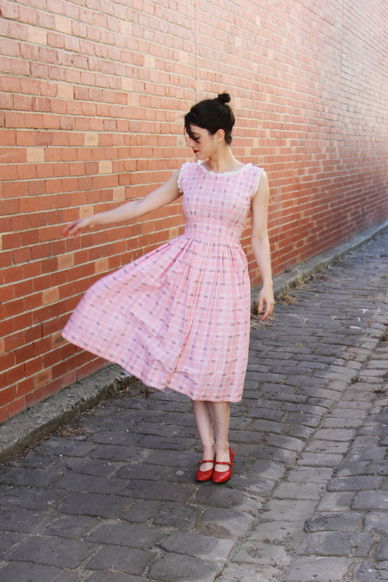 Vintage 1950s Pink Plaid Cotton Dress / DEADSTOCK / S