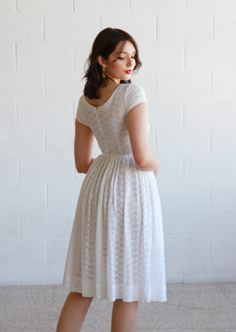 Vintage 1950s White Eyelet Dress / The AMY Dress / XS