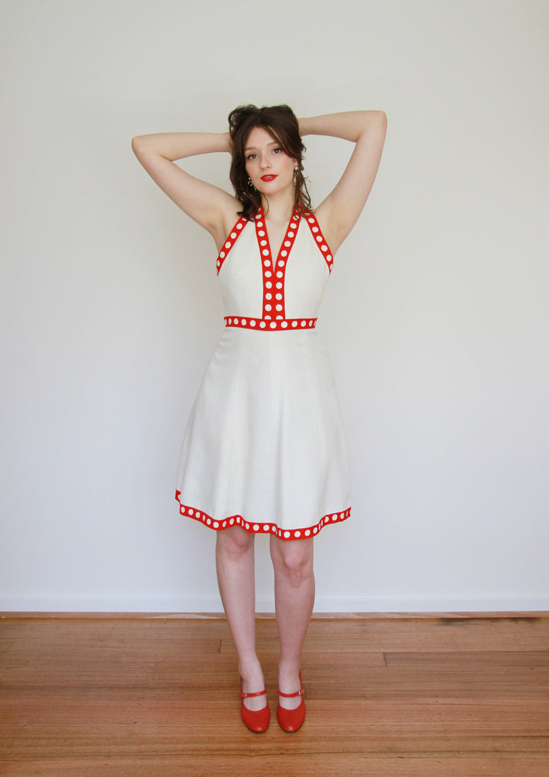 Vintage 1960s Polka Dot Halter Dress / MOD / Small