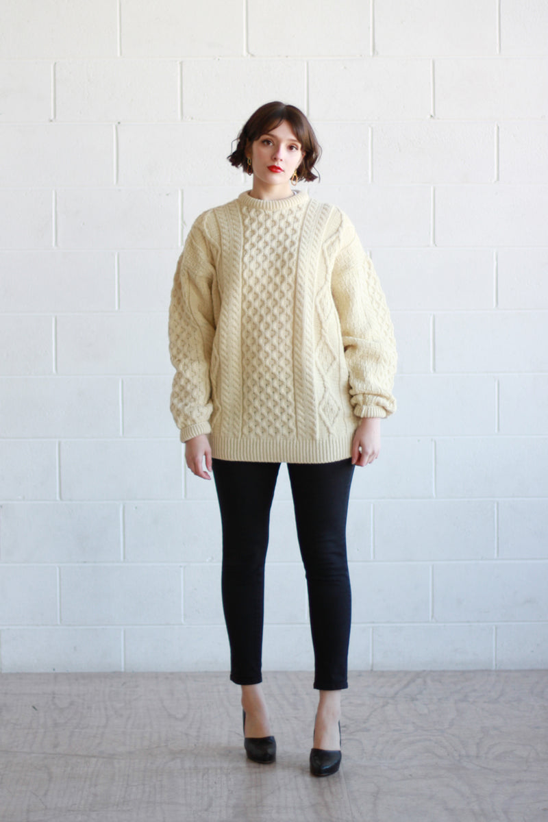 Vintage 1970s Cream Cable Knit Wool Sweater / Made in Ireland