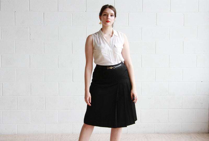 Vintage 1970s CELINE Paris Black Wool Skirt / Made in France / M/L