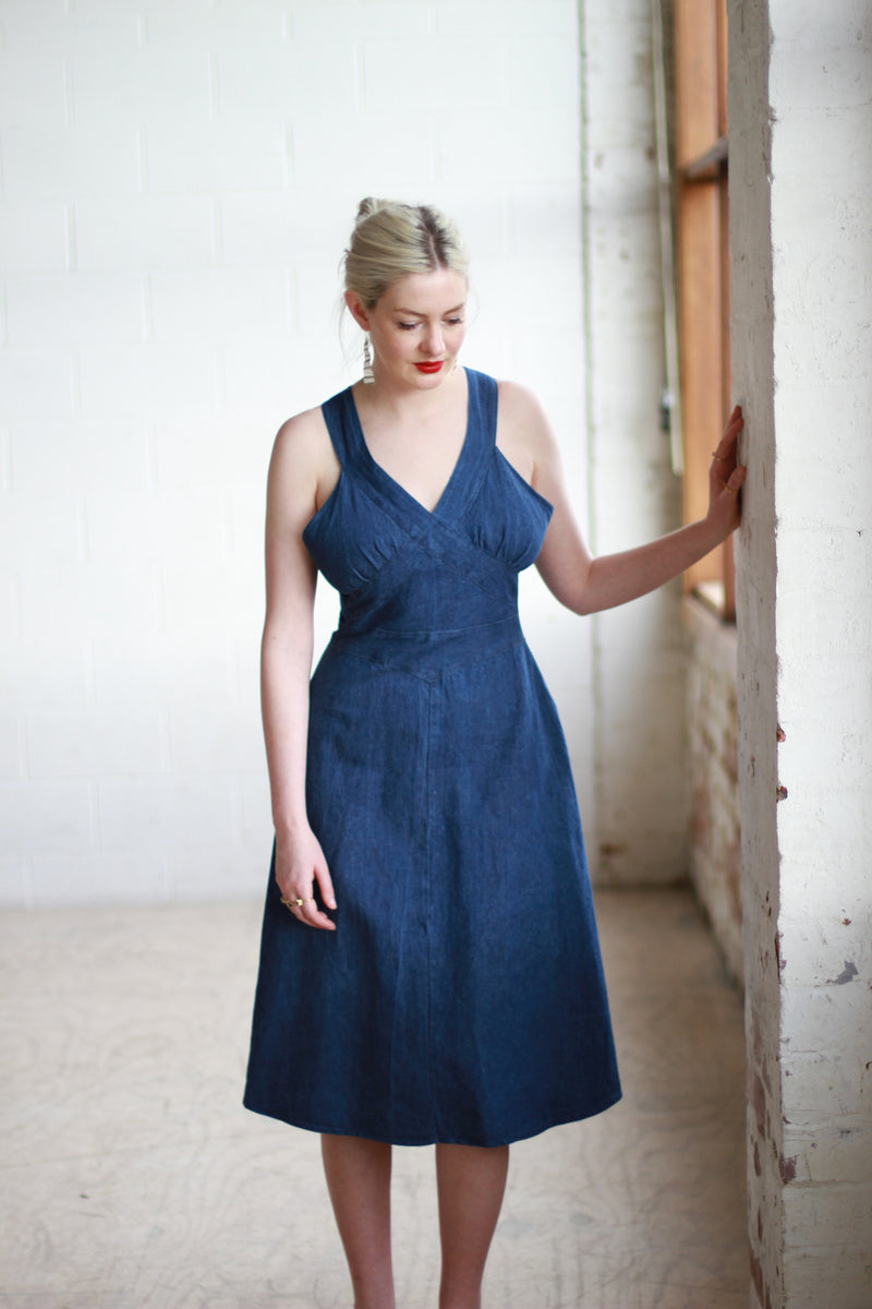 cross back denim dress Ellora Criss-Cross Back Denim Maxi Dress Navy