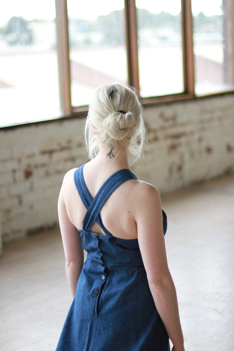 Vintage 1970s Denim Dress / Cross Back Straps / Made in Italy / M Sarah & Ludo Vintage 1970s Denim Dress / Cross Back Straps / Made in Italy / M Sarah & Ludo