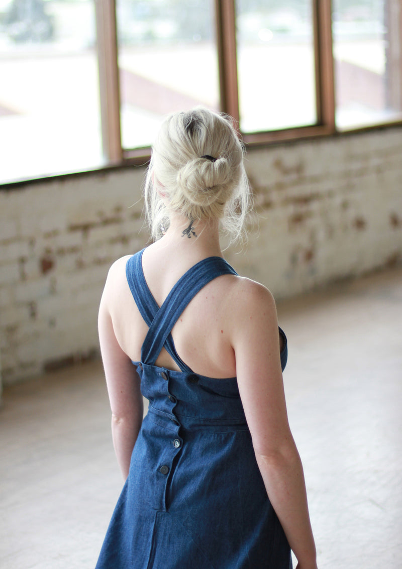 Vintage 1970s Denim Dress / Cross Back Straps / Made in Italy / M Sarah & Ludo Vintage 1970s Denim Dress / Cross Back Straps / Made in Italy / M Sarah & Ludo
