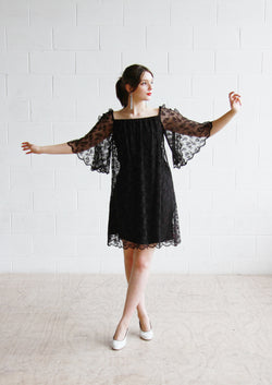 Vintage 1960s Black Lace Swing Dress / Angel Bell Sleeves / S