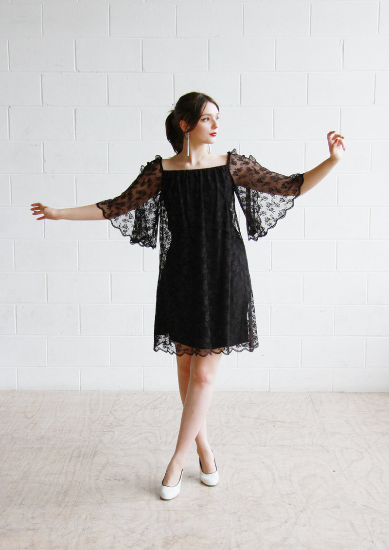 Vintage 1960s Black Lace Swing Dress / Angel Bell Sleeves / Small Sarah & Ludo Vintage 1960s Black Lace Swing Dress / Angel Bell Sleeves / Small Sarah & Ludo