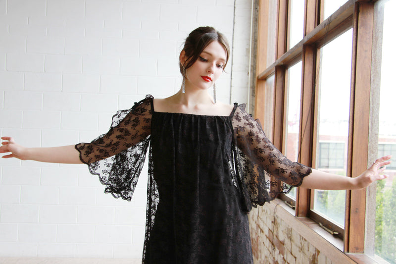 Vintage 1960s Black Lace Swing Dress / Angel Bell Sleeves / Small Sarah & Ludo Vintage 1960s Black Lace Swing Dress / Angel Bell Sleeves / Small Sarah & Ludo