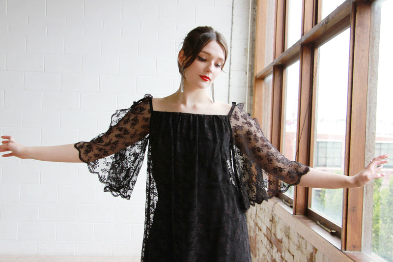 Vintage 1960s Black Lace Swing Dress / Angel Bell Sleeves / S