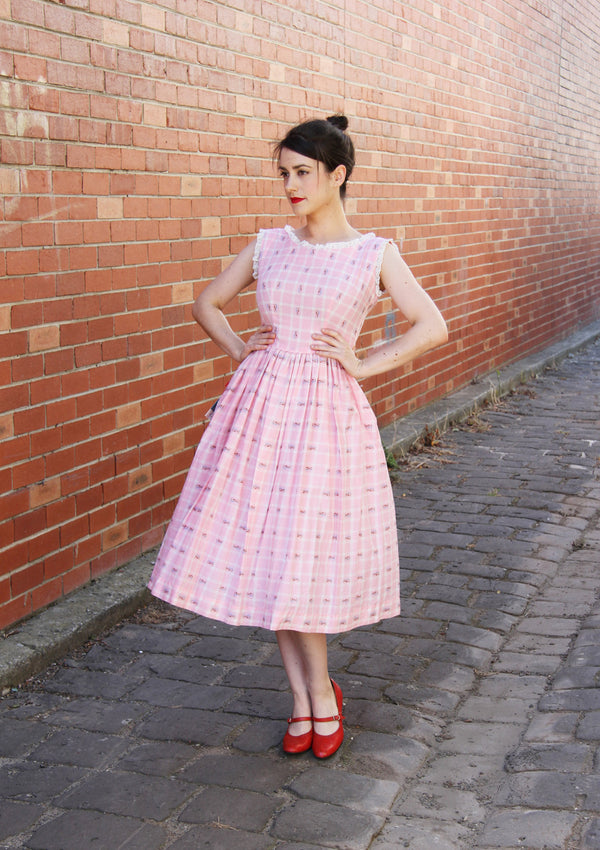 Vintage 1950s Pink Plaid Cotton Dress / DEADSTOCK / S
