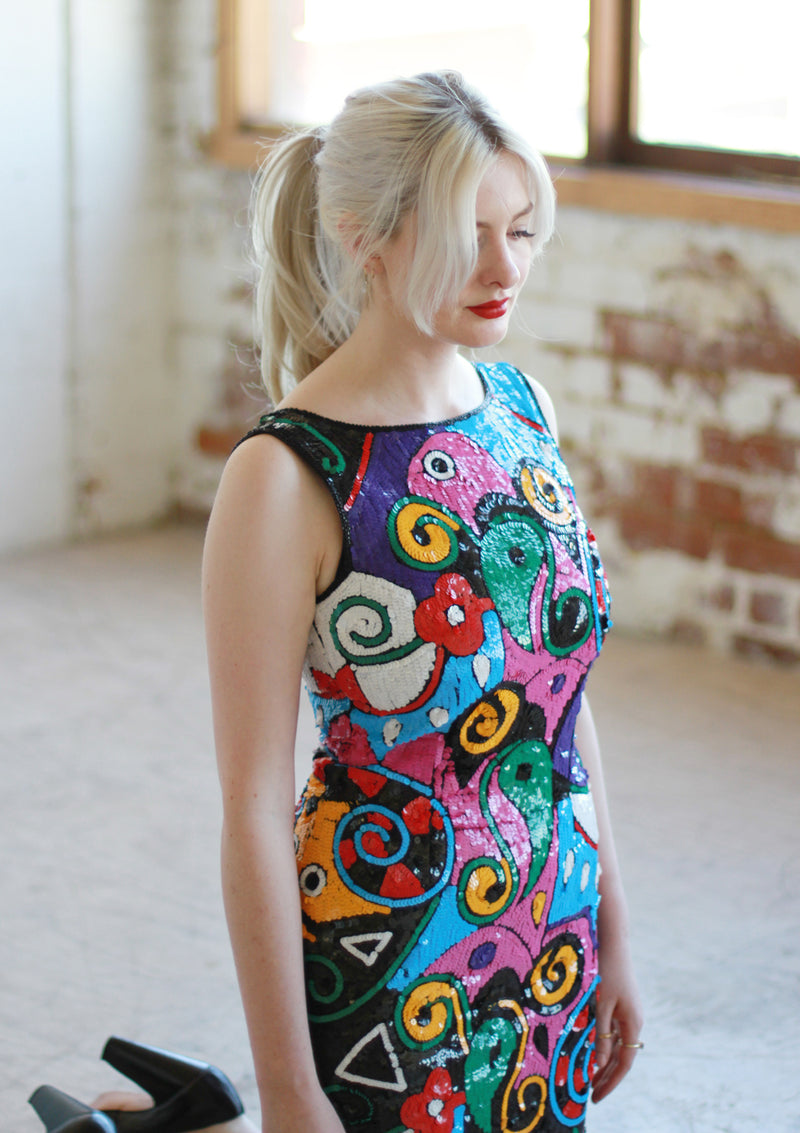 Vintage 1980s Laurence Kazar Sequinned Pop Art Dress / XS/S – Sarah & Ludo
