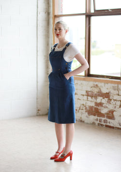 vintage denim jumper dress Button Front fashionable design Denim Overall/ Jean Dress/l.e.i. Pleaded