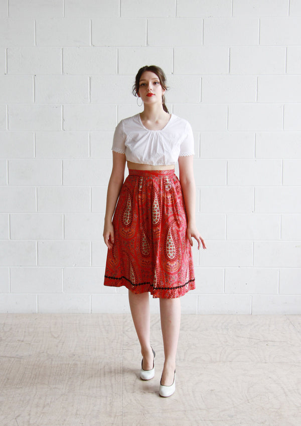 Vintage 1960s Red Paisley Print Cotton Skirt / Small / Medium