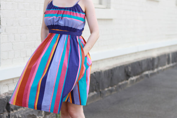 Vintage 1970s Rainbow Stripe Sundress / Low Back / Full Skirt / Tie Straps / XS